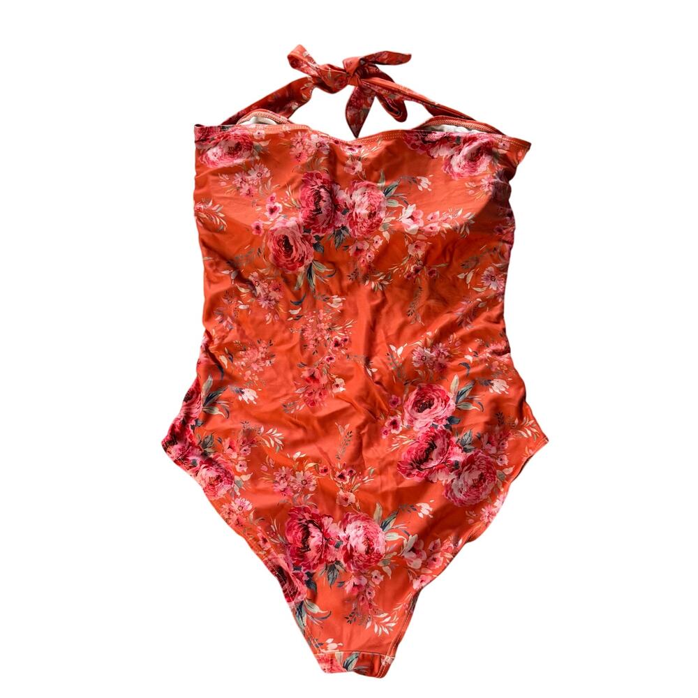 Maternity One Piece Swimsuit Floral Halter Ruched Size L - Picture 2 of 8